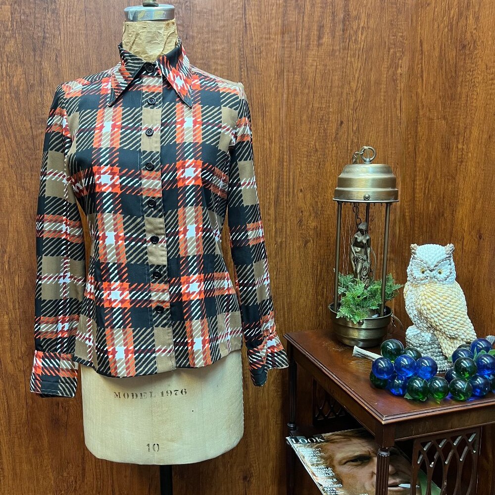 Vintage 1970s Addenda Wide Collar Plaid Check Print Button Up Dress Shirt